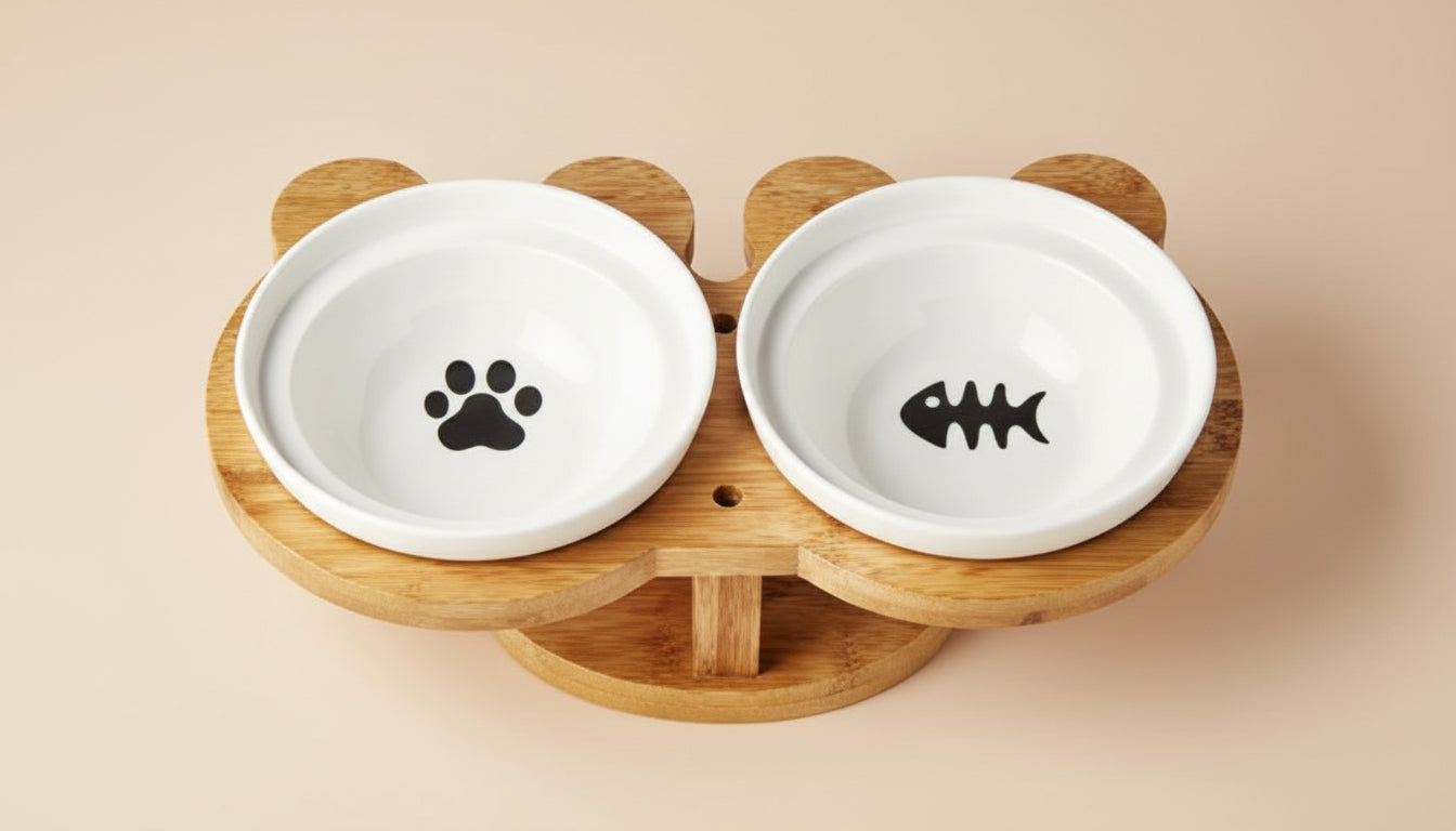 Ceramic Dual Cat Bowl with Wooden Base